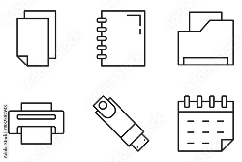 Set of stationery line icons. file, calendar, print, Editable stroke. transparent.