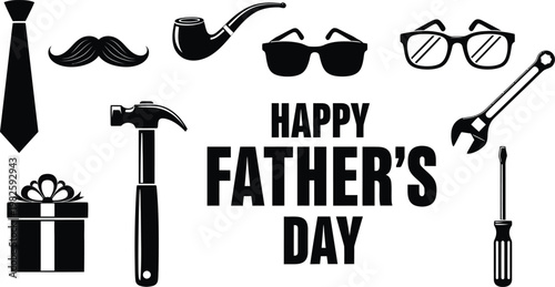 Happy Father's Day Vector Set with Super Dad Silhouette and Family Activities