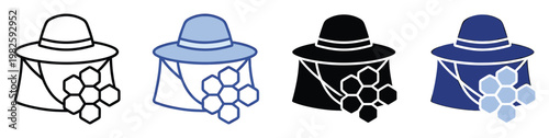 Protective beekeeper hat with mesh veil and natural honeycomb icon representing apiary safety, honey production, and sustainable agriculture for use in branding and educational content.