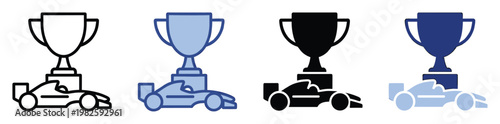Modern championship cup on a formula racecar icon set suitable for sports applications, motorsport event branding, competitive gaming interfaces, and achievement recognition graphics.
