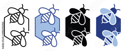 Collection of diverse outline and solid style bee and hexagon icons suitable for branding natural honey products, apiary businesses, or eco friendly packaging graphics and app interfaces