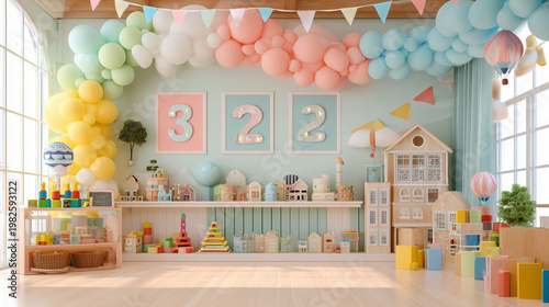 Pastel birthday party decorations for kids room with balloons and toys for children celebration