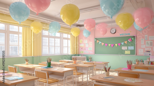 Pastel classroom interior design with balloons and desks for school celebration and party decoration