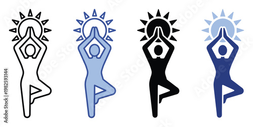Stylized icon featuring a person in a balanced yoga pose with hands raised towards a radiant sun, perfect for wellness app interfaces, spiritual branding, or meditation program logos.