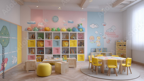 Bright and cheerful kindergarten classroom interior design for learning and play area design ideas
