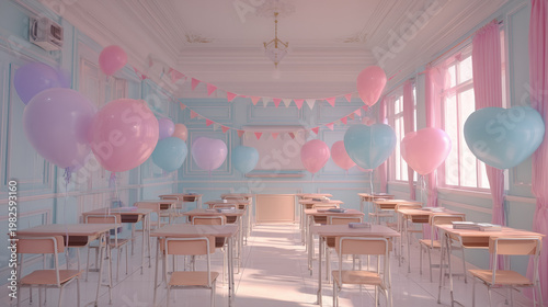 Pastel classroom decor with heart balloons for valentine's day or birthday party background design