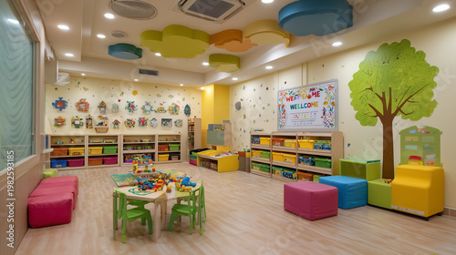 Bright and colorful kindergarten classroom interior design for early childhood education learning space