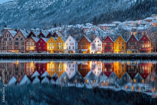 A picturesque view of colorful, snow-covered buildings lining a waterfront in Bergen, Norway, beautifully reflected in the calm water below.