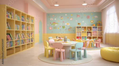Bright and cheerful kindergarten classroom interior design with colorful furniture and playroom decor