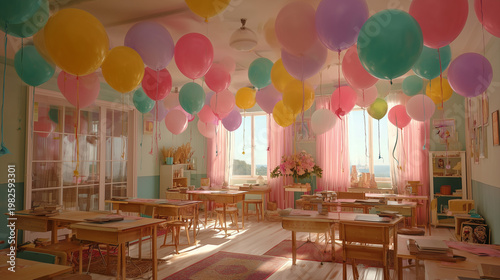 Classroom party decorations balloons celebration school event academic setting interior design pastel colors