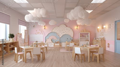 Discover a charming kindergarten classroom interior design with cloud decor and wooden furniture style