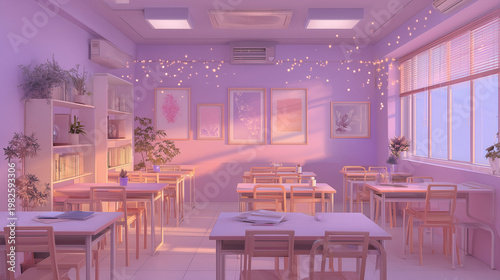 Aesthetic classroom background wallpaper for desktop and phone in pastel purple and pink color scheme