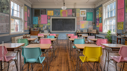 Classroom interior design with colorful desks and chalkboard for education and learning spaces