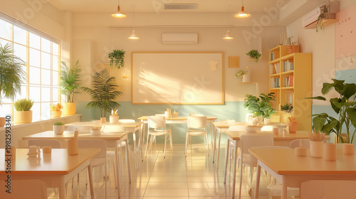 Bright classroom interior design with desks chairs and plants for school education learning space