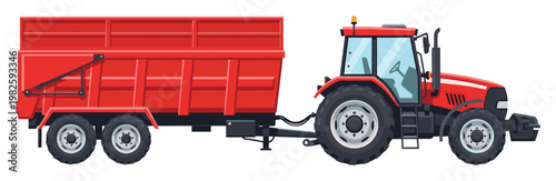 Heavy duty agricultural tractor pulling a large red farm trailer for transporting crops and materials across fields for farming and harvest operations