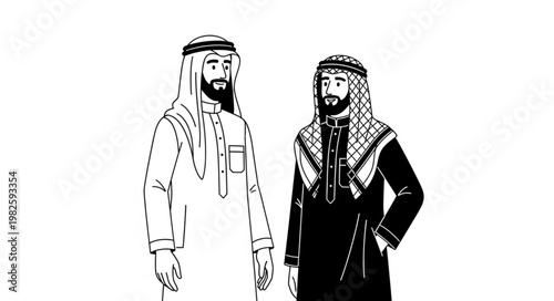 Two Arab men in traditional attire, standing and looking forward in a monochrome illustration.