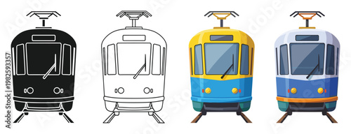 Front view of urban public transportation tram vehicles with pantographs, headlights, and tracks for city travel and transit concepts