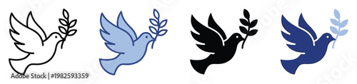 A serene flying dove holding an olive branch in its beak representing peace and hope, ideal for spiritual, religious, or international harmony concepts