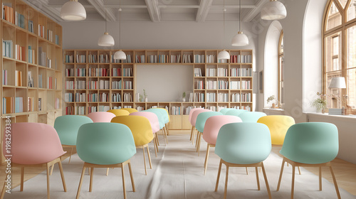 Library interior with colorful chairs and bookshelves for reading and studying space design idea