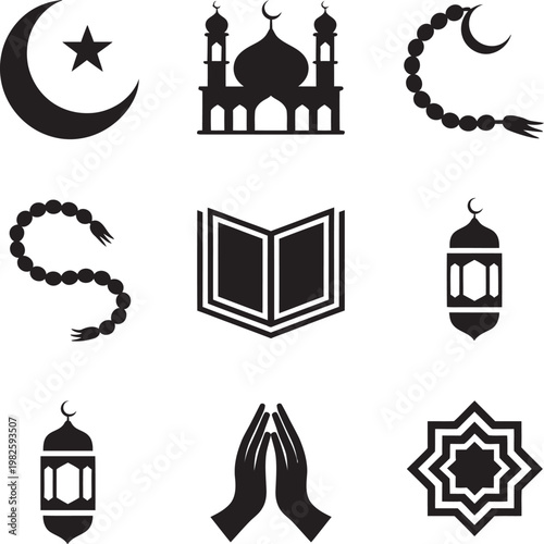 Simple black silhouette vector icon set of mosque buildings and religious architecture symbols in a clean design collection
