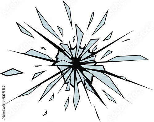 Abstract representation of shattered glass radiating outwards with sharp shards and a central impact point