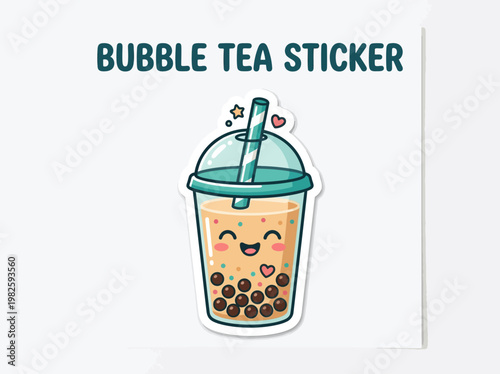 Cute bubble tea sticker with a smiling face and starry details, perfect for personalization and decoration