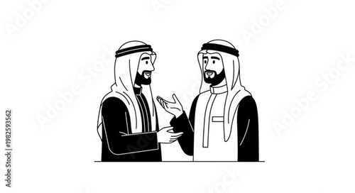 Two Arab men in traditional attire having a conversation, discussing important matters.