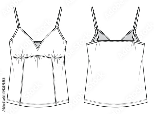 Womens casual camisole top with Vneckline and gathered bust detail presented as a technical flat sketch for fashion apparel design and product development.