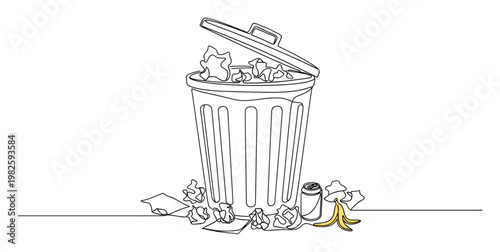 Continuous line drawing of an overflowing garbage can with litter scattered around, symbolizing pollution and waste management issues for environmental awareness campaigns and