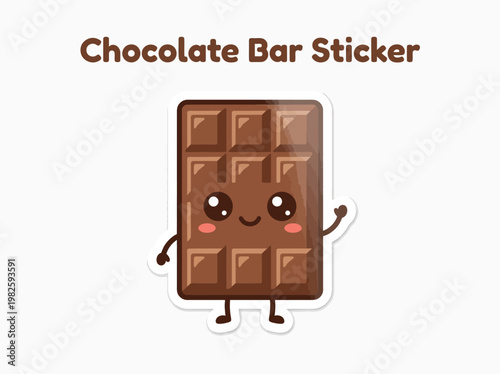 Cute Chocolate Bar Sticker with Friendly Face and Waving Hand, Vector Illustration