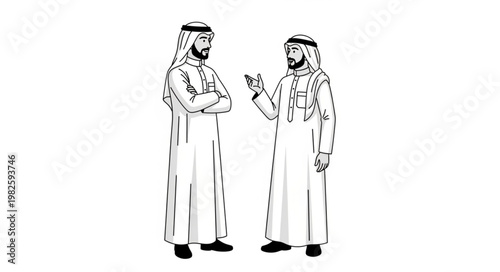 Two Arab men in traditional attire having a conversation in monochrome.