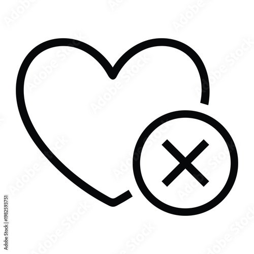 Minimalist line art icon of a heart with a cross symbol representing rejection, cancellation, and removing from favorites
