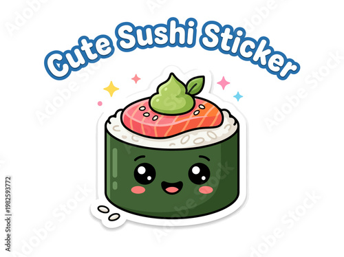 Cute Sushi Sticker Featuring a Smiling Salmon Nigiri with a Sprinkle of Green