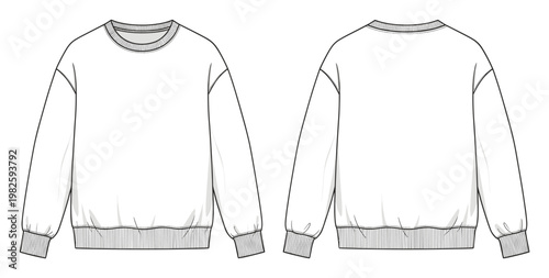 Essential crew neck sweatshirt technical drawing offers a precise blank apparel template for fashion designers and clothing manufacturers to visualize garment designs.
