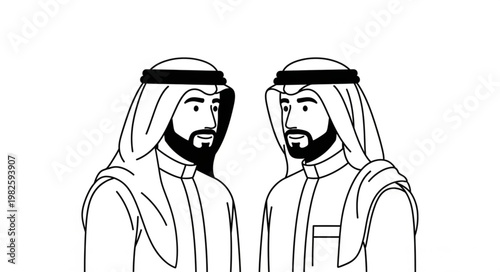 Two Arab men in traditional attire looking at each other.
