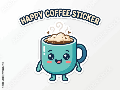 Cute Kawaii Coffee Cup Sticker with Happy Face - Adorable Beverage Character Illustration