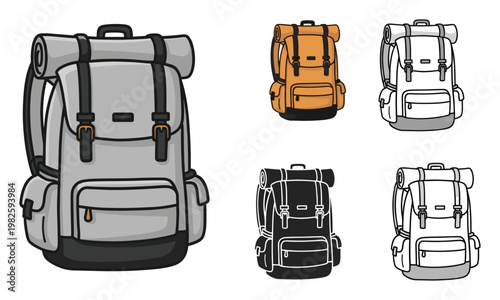 Stylized backpack illustrations representing travel and hiking adventures, perfect for outdoor gear catalogs, tourism promotions, mobile application icons, and educational materials.