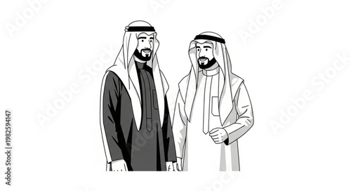 Two Arab men in traditional attire, standing and conversing.