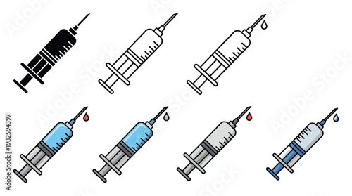 Medical syringe icons representing injection, vaccination, and healthcare, useful for hospital presentations, doctor office graphics, and public health education materials.