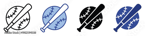 Dynamic graphic icon set featuring a classic baseball and bat design in various styles perfect for sports related applications, app interfaces, and digital media assets