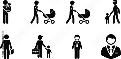 Father's Day Vector Icons Set with Single Dad Walking with Kid and Stroller