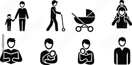 Father's Day Vector Icons Set with Dad Holding Baby and Walking with Kid