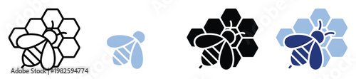 Versatile vector icon collection showcasing a stylized bee and hexagonal honeycomb structures, ideal for food packaging, natural product branding, educational resources, or digital