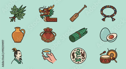Comprehensive Dragon Boat Festival icon set with zongzi dragon boat drum sachet salted egg and mugwort for traditional Chinese culture celebration