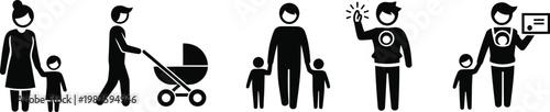 Modern Family Life Icons Set with Single Father and Mother Walking with Kids