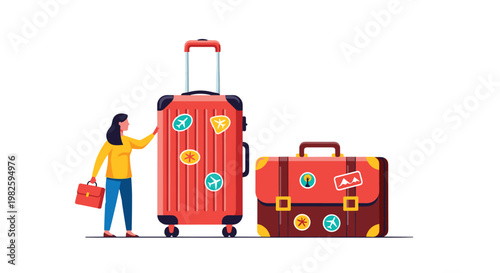 Travel and tourism concept showing a woman standing next to large red and brown suitcases covered in destination stickers.