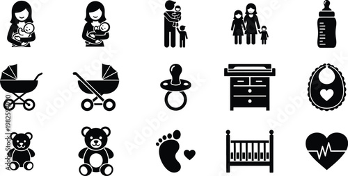 Baby Care and Parenting Vector Icons Set with Mother, Infant and Newborn Toys