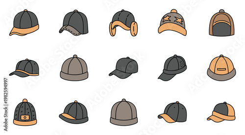 Collection of diverse headwear including baseball caps and unique winter hats, offering versatile graphic elements for accessory icons, clothing store displays, or apparel catalog designs