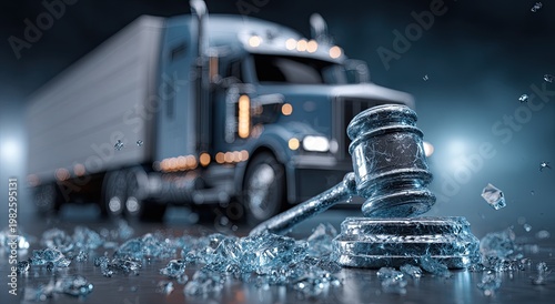 A dramatic conceptual image depicts a gavel and scattered diamonds in front of a semi-truck, symbolizing legal disputes, asset recovery, or the valuation of transported goods.