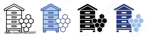 Beehive and honeycomb symbols for beekeeping, honey production, agricultural branding, environmental initiatives, and organic food promotions in various graphical styles.